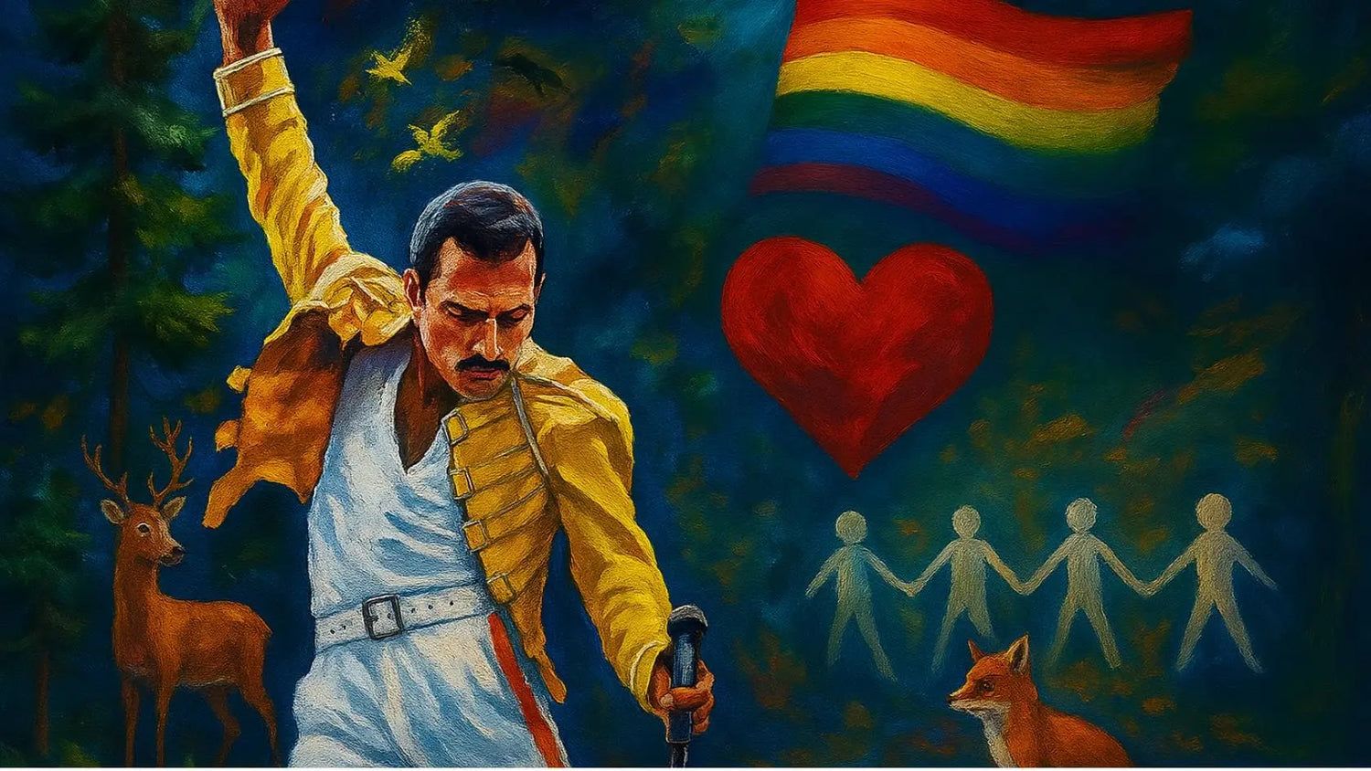 Künstlerisches Porträt von Freddie Mercury mit sanft integrierten Bäumen und Tieren – ein farbenfrohes Gemälde, das Kunst, Natur und soziale Wirkung vereint - nur bei Artyroom Malene nach Zahlen