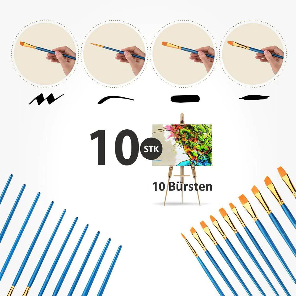 10er Premium Pinselset – verschiedene Grössen und Formen - Artyroom