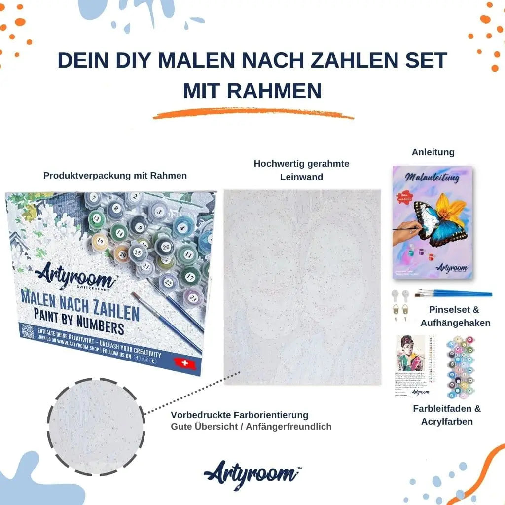 Inhalt des DIY Malen nach Zahlen Sets mit Rahmen von Artyroom: Produktverpackung, gerahmte Leinwand mit Zahlen, Anleitung, Pinselset, Aufhängehaken und Acrylfarben mit Farbleitfaden – ideal für Anfänger.