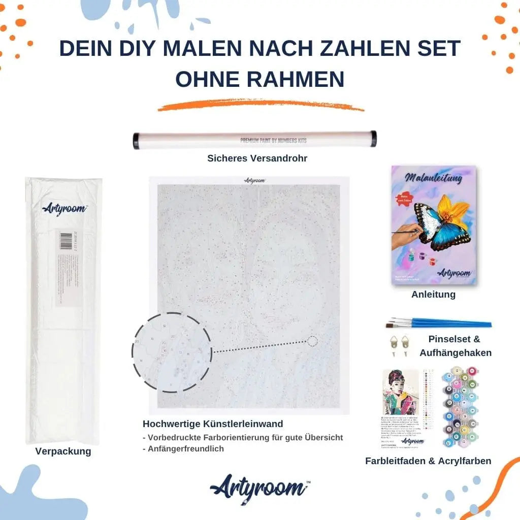 DIY Malen nach Zahlen Set ohne Rahmen – Komplettset mit Anleitung, Pinseln, Acrylfarben, Künstlerleinwand & sicherem Versandrohr von Artyroom Switzerland