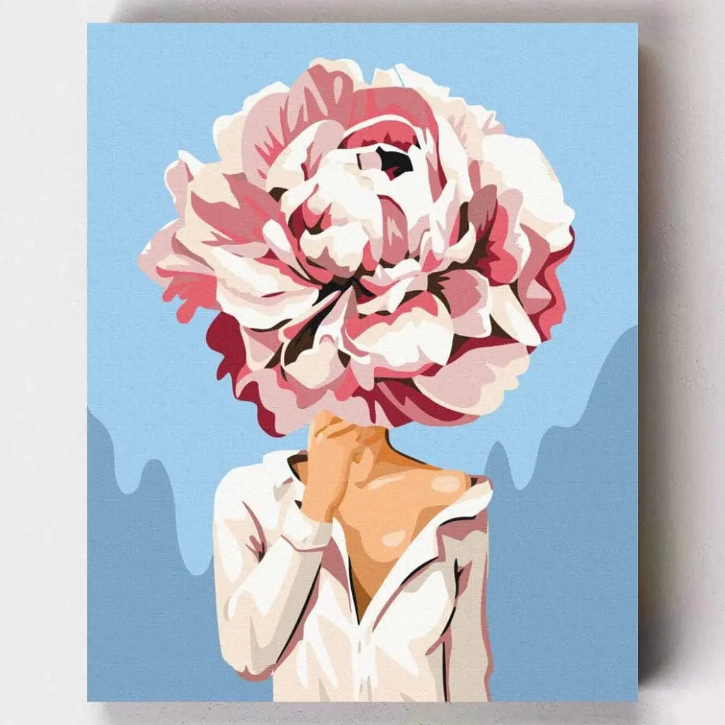 DIY Malen nach Zahlen Set  – Pfingstrosen Blumenmädchen mit weißer Bluse und floraler Kopfbedeckung – stilvolle, elegante DIY-Kunst auf Leinwand – exklusiv bei Artyroom.shop