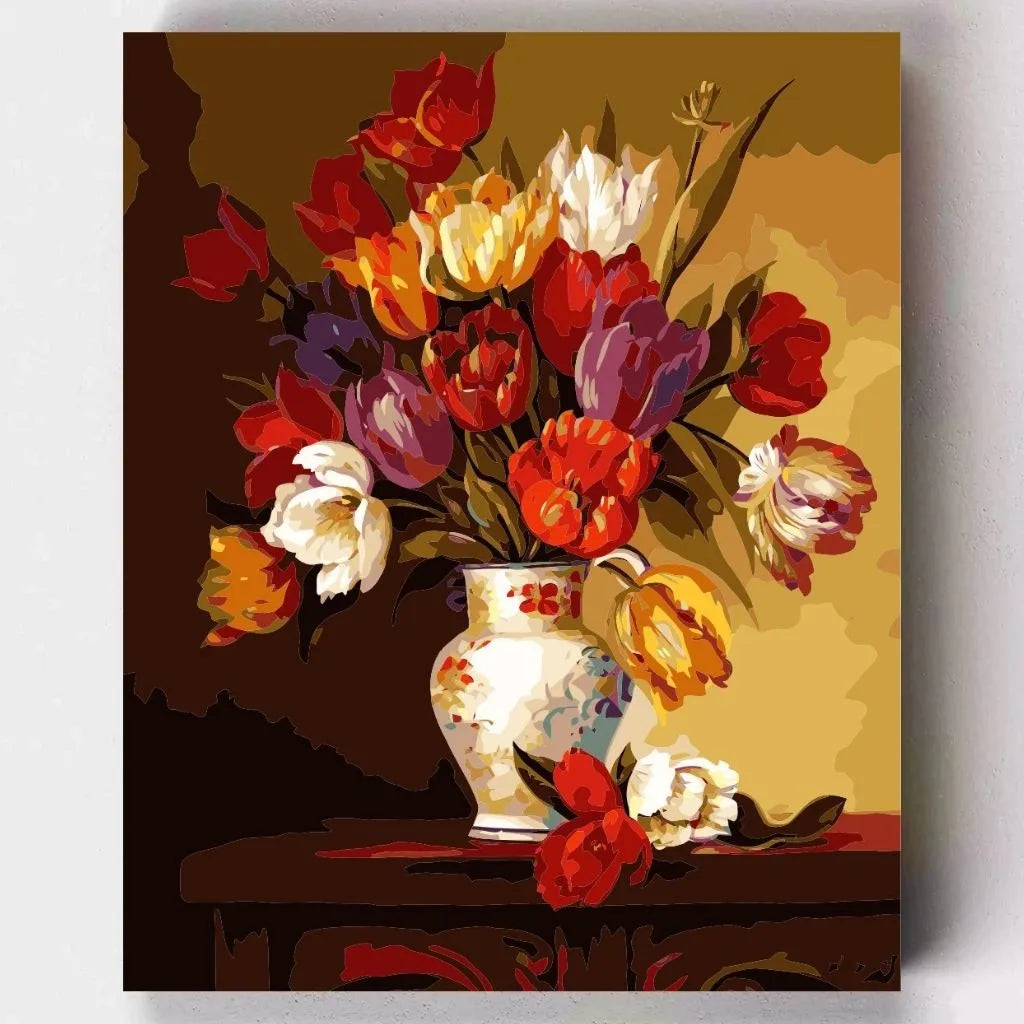 DIY Malen nach Zahlen – Bunter Tulpenstrauß in eleganter Vase auf Leinwand malen – florales Kunstwerk für farbenfrohe Dekoration – Artyroom.shop