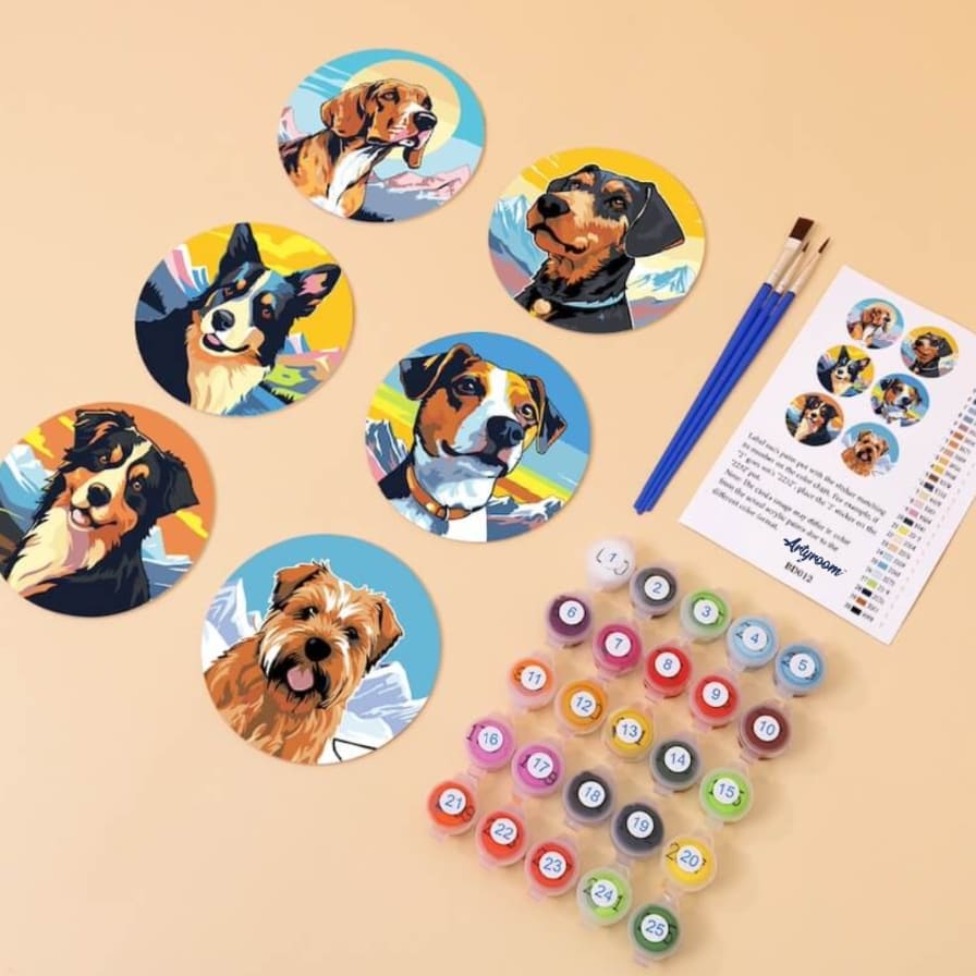 DIY Malen nach Zahlen – Süsse Hunde-Portraits auf Untersetzer malen mit Acrylfarben, Anleitung & Pinsel – kreative Tischdeko für Hundefans – nur bei Artyroom.shop