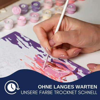 DIY Malen nach Zahlen - Nahaufnahme Malprozess mit Untertitel Unsere Acrylfarben trockenen schnell - Artyroom