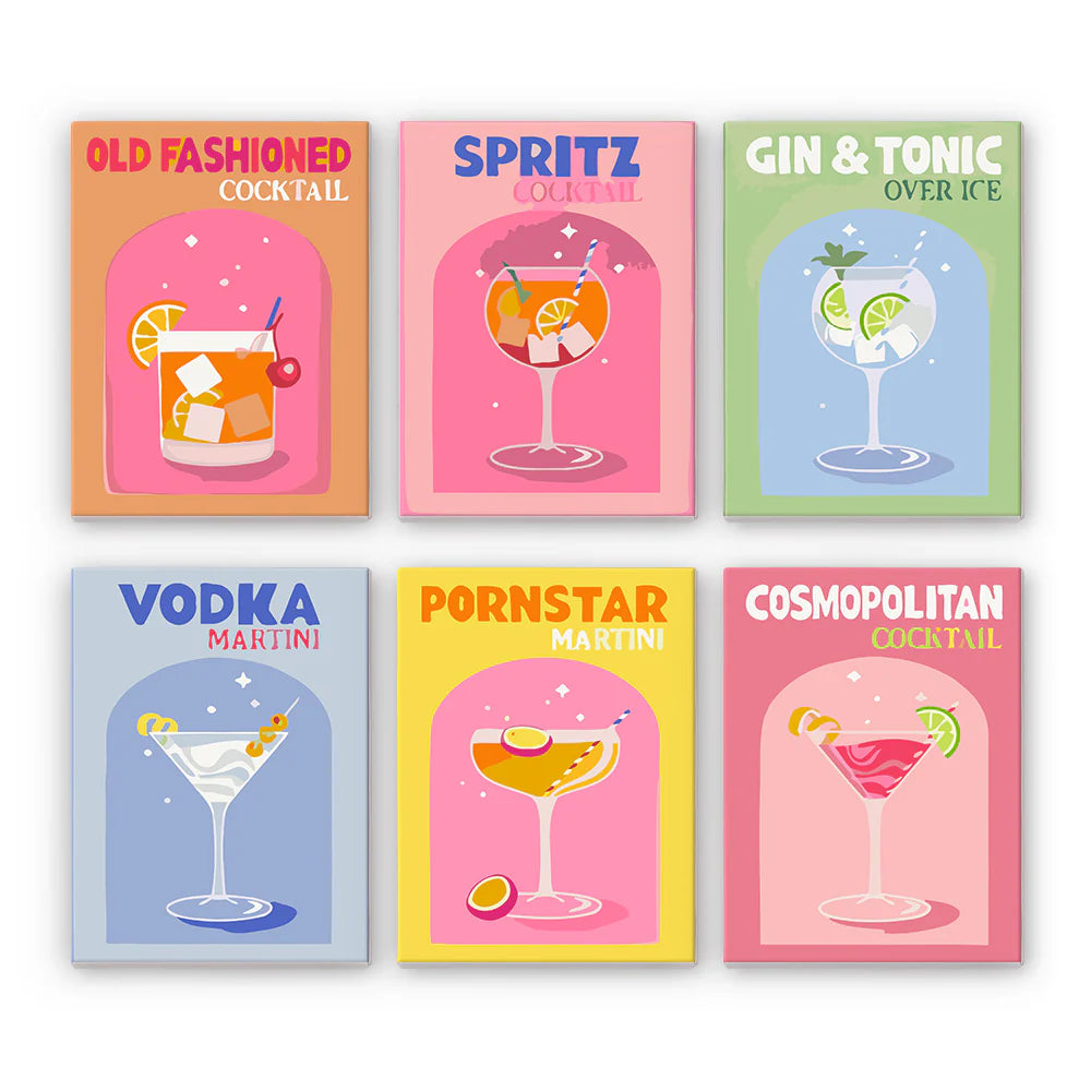 DIY Malen nach Zahlen – Hauptbild der Cocktail-Kollektion mit 6 bunten Motiven auf Mini-Leinwand: Vodka, Cosmopolitan, Spritz & mehr – kreatives Malset – nur bei Artyroom.shop