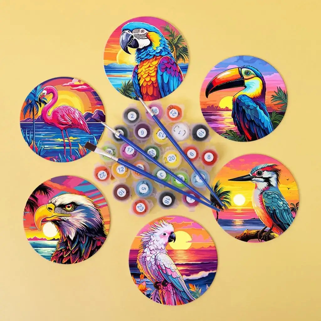 DIY Malen nach Zahlen – Tropische Vögel wie Papagei & Flamingo im Sonnenuntergang auf Acryl-Untersetzer malen – farbenfrohe Deko für Sommerfans – nur bei Artyroom.shop