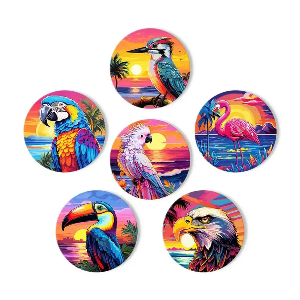 DIY Malen nach Zahlen – Tropische Vögel wie Papagei & Flamingo im Sonnenuntergang auf Acryl-Untersetzer malen – farbenfrohe Deko für Sommerfans – nur bei Artyroom.shop