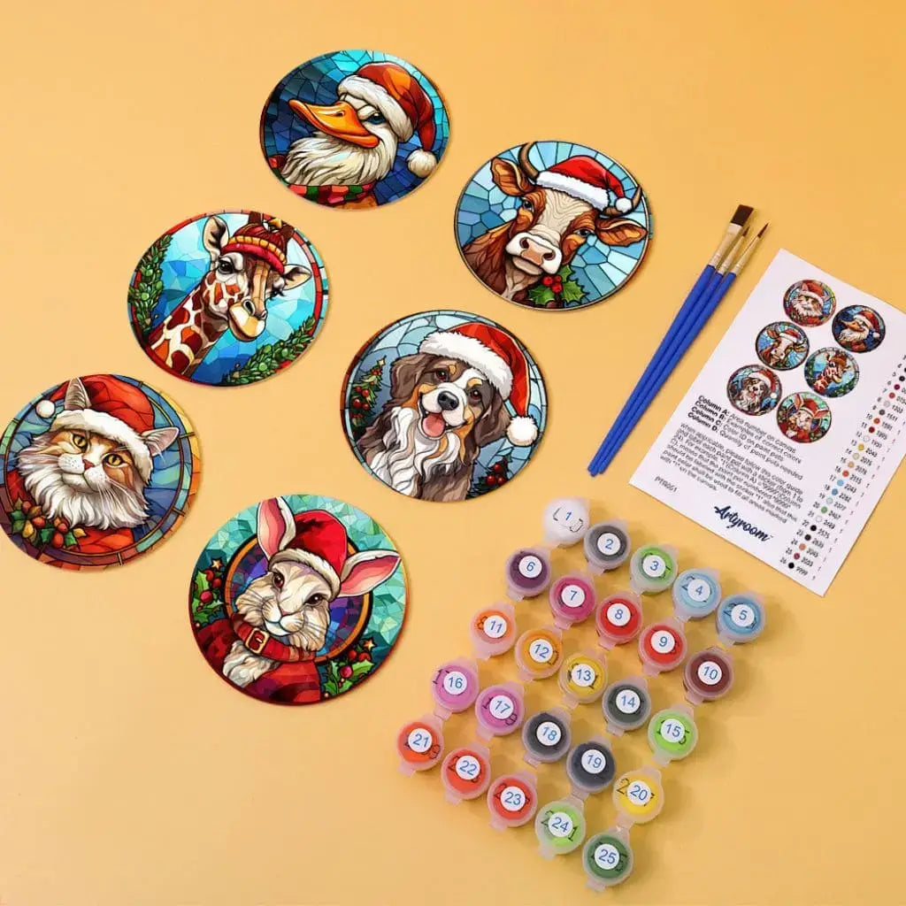 DIY Malen nach Zahlen – Weihnachts-Untersetzer mit Hase, Hund, Katze, Giraffe & Ente im Weihnachtsmannkonstüm gestalten – festliche Tiermotive als Deko & Geschenkidee für Tierfreunde und Winterfans – nur bei Artyroom.shop