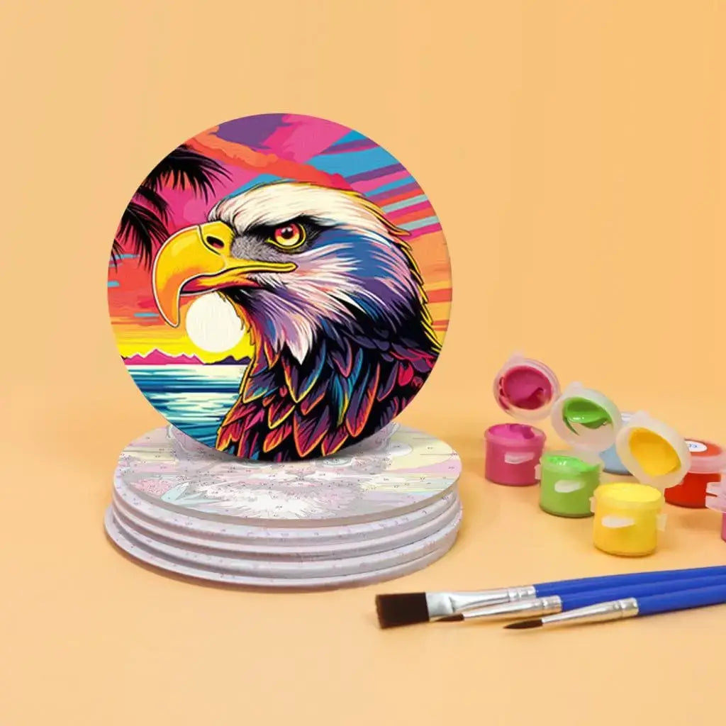 DIY Malen nach Zahlen – Adler-Motiv als Untersetzer bemalt mit Acrylfarben – leuchtende Farben & klare Details – Artyroom.shop