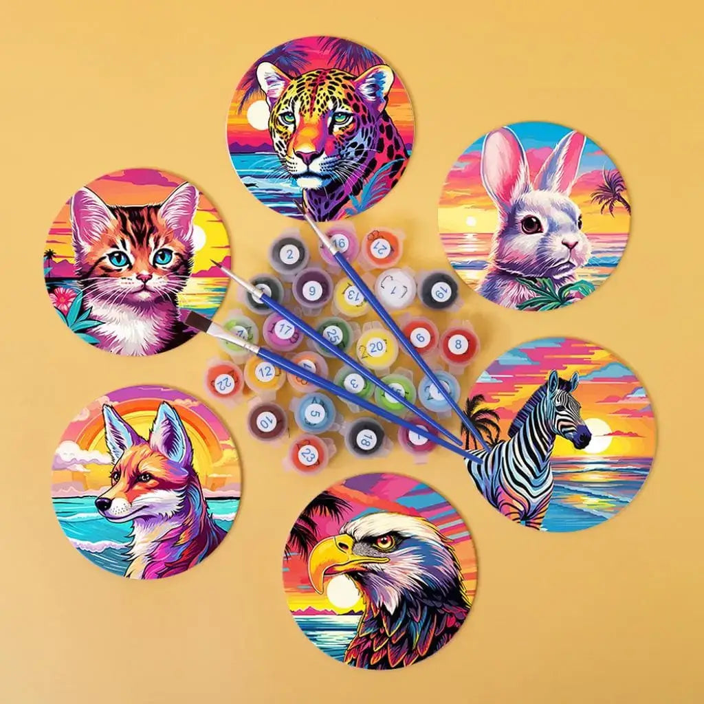 DIY Malen nach Zahlen – Alle 6 Motive fertig bemalt als bunte Untersetzer mit Acrylfarbe und Pinsel – kreative Geschenkidee – Artyroom.shop