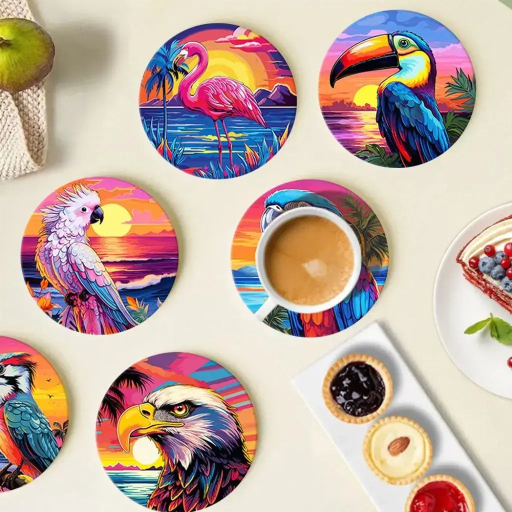 DIY Malen nach Zahlen – Tropische Vögel wie Papagei & Flamingo im Sonnenuntergang auf Acryl-Untersetzer malen – farbenfrohe Deko für Sommerfans – nur bei Artyroom.shop