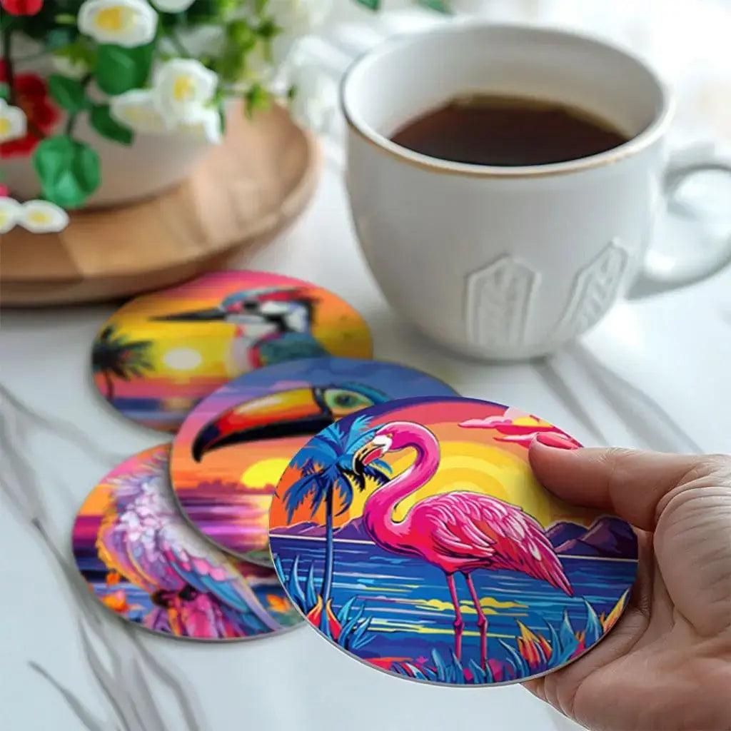 DIY Malen nach Zahlen – Tropische Vögel wie Papagei & Flamingo im Sonnenuntergang auf Acryl-Untersetzer malen – farbenfrohe Deko für Sommerfans – nur bei Artyroom.shop